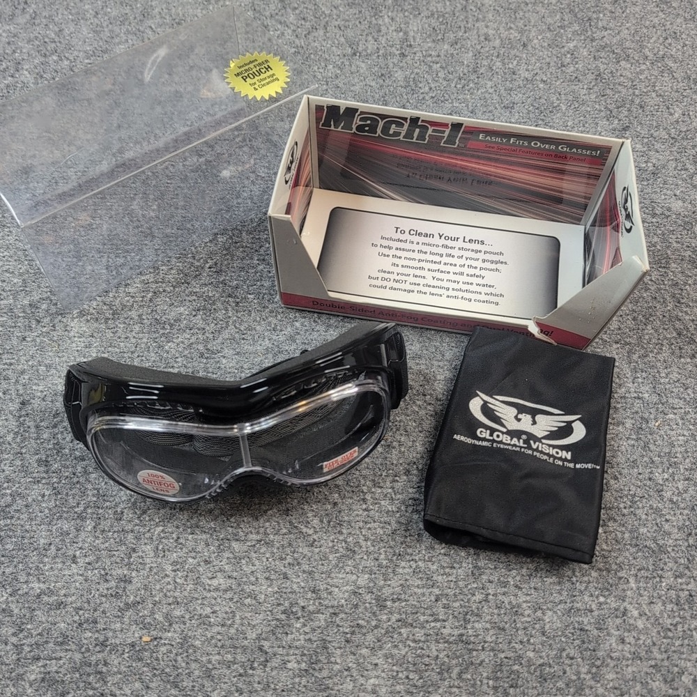 Global Vision Mach-1 Motorcycle Goggles Clear Anti-Fog Lens Over Glasses Black